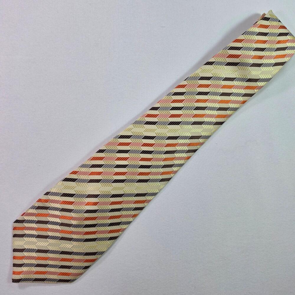Giorgio Armani Tie Mens One Size White Herringbone Logo Woven Made Italy